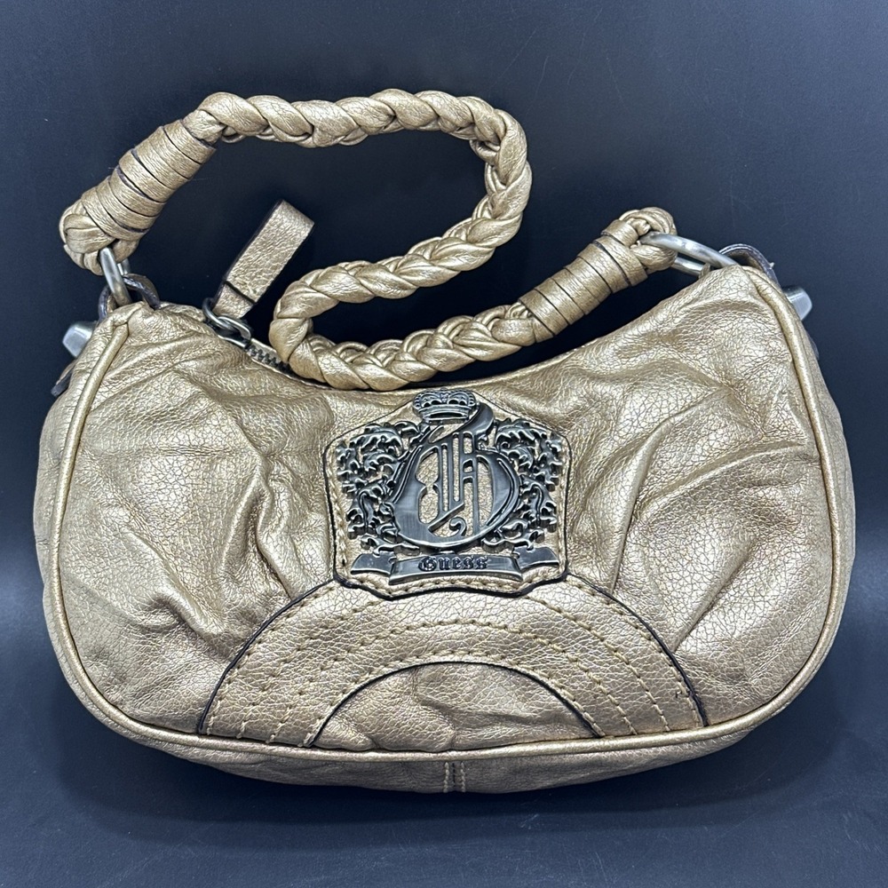 Vintage Guess Corona Mini Gold Handbag Purse Baguette Crown Logo Braided Handle!